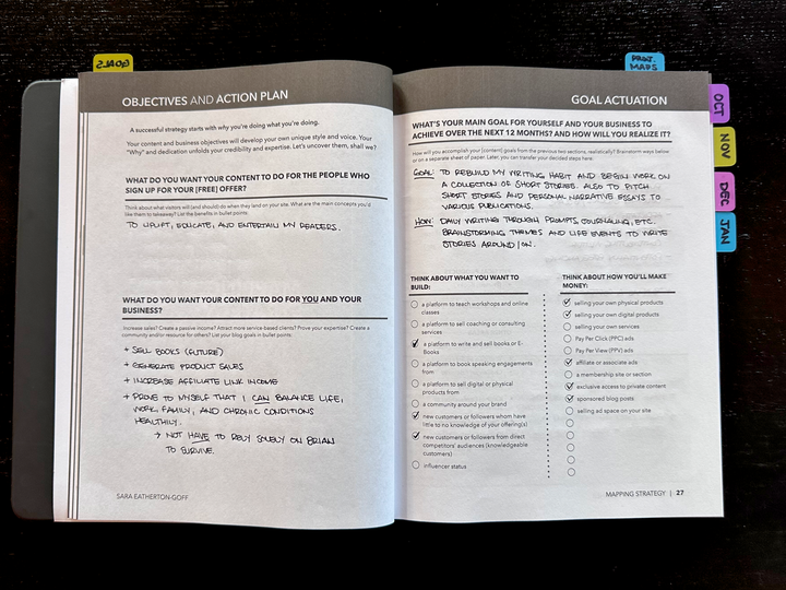 [ Photo of one of the Cotent Strategy Planner's Goal Planning and Actuation spreads, by Sara Eatherton-Goff ]