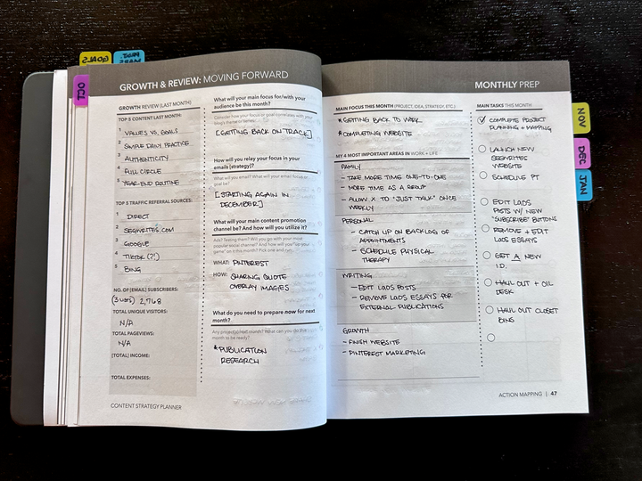 [ Photo example of the Monthly Growth, Prep, and Review pages in the Content Strategy Planner, by Sara Eatherton-Goff ]