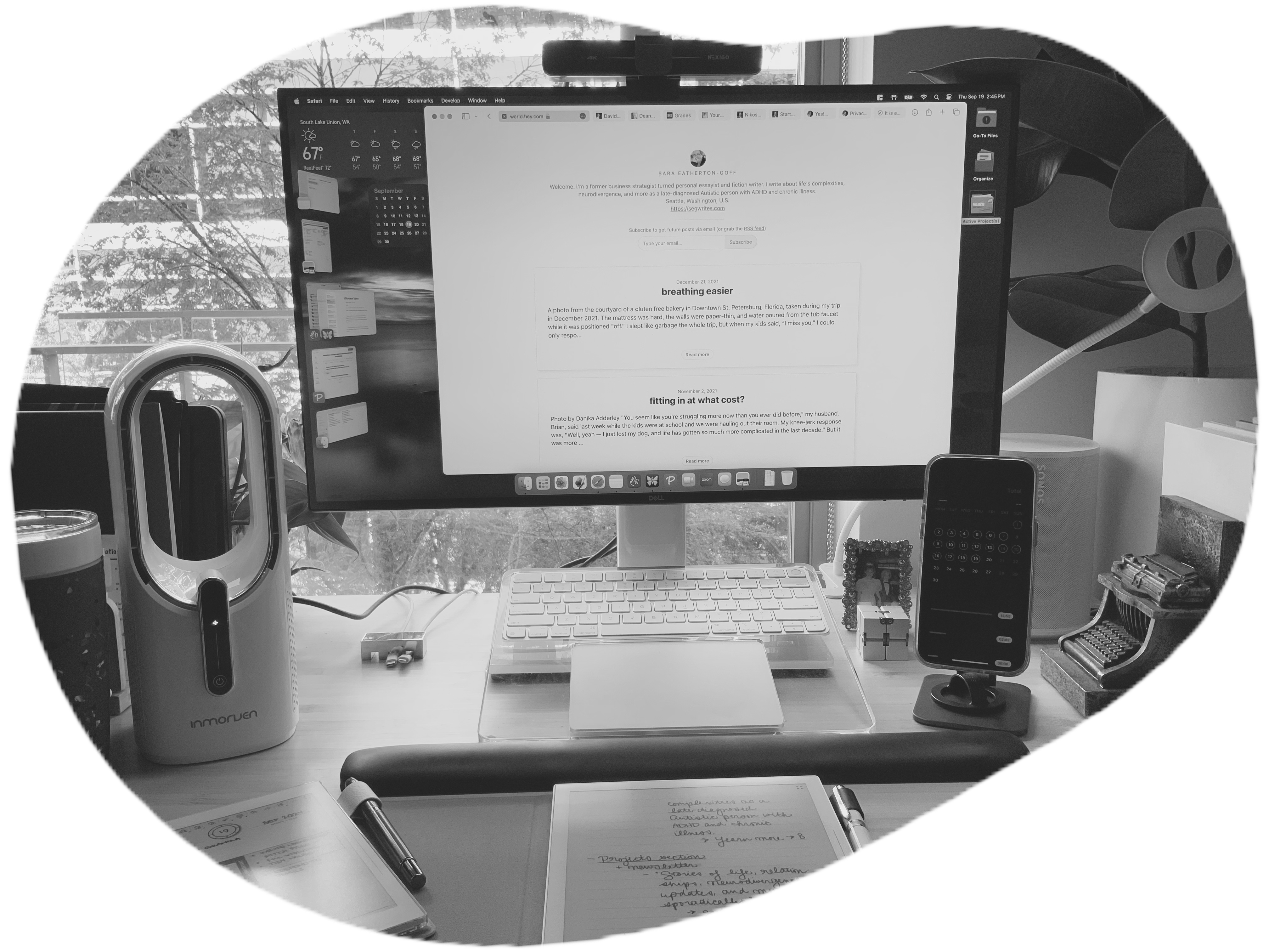 [ Stylized photo of Sara Eatherton-Goff's desk with newsletter page open on desktop ]